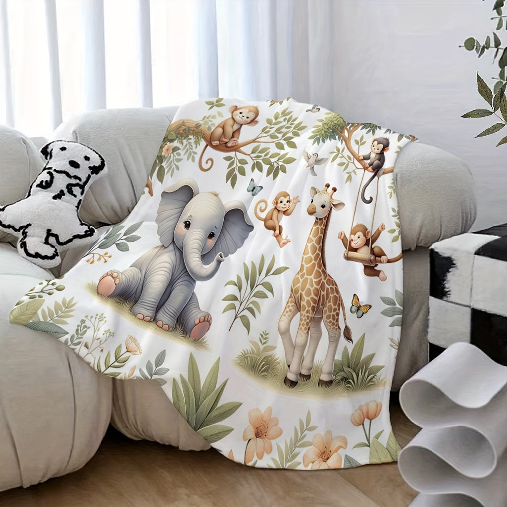 Soft Flannel Throw Blanket with Animal Designs Elephant Giraffe Monkey Cozy Plush for Couch Bed Travel