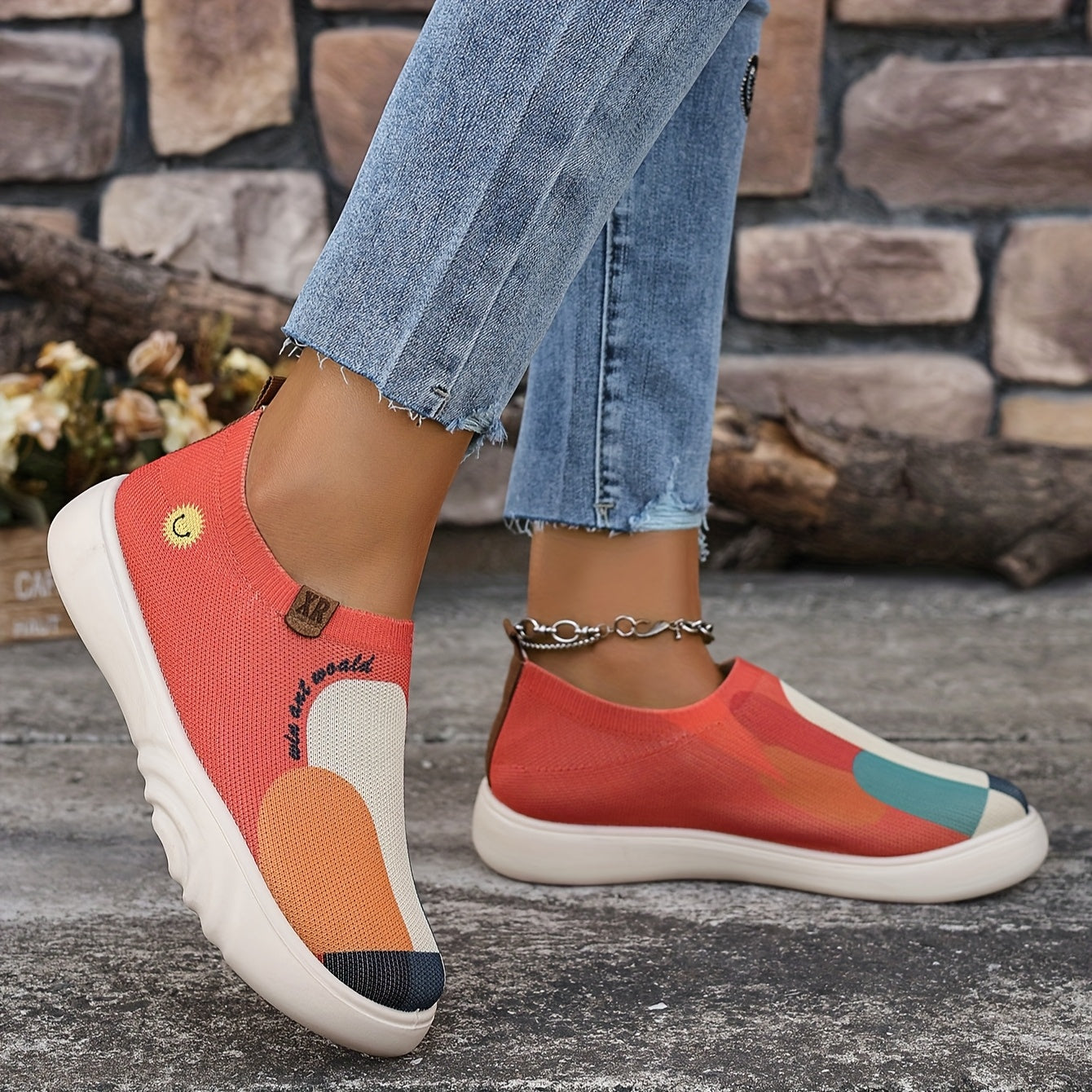 Women's Slip-On Sneakers with Colorful Block Heel Casual Shoes
