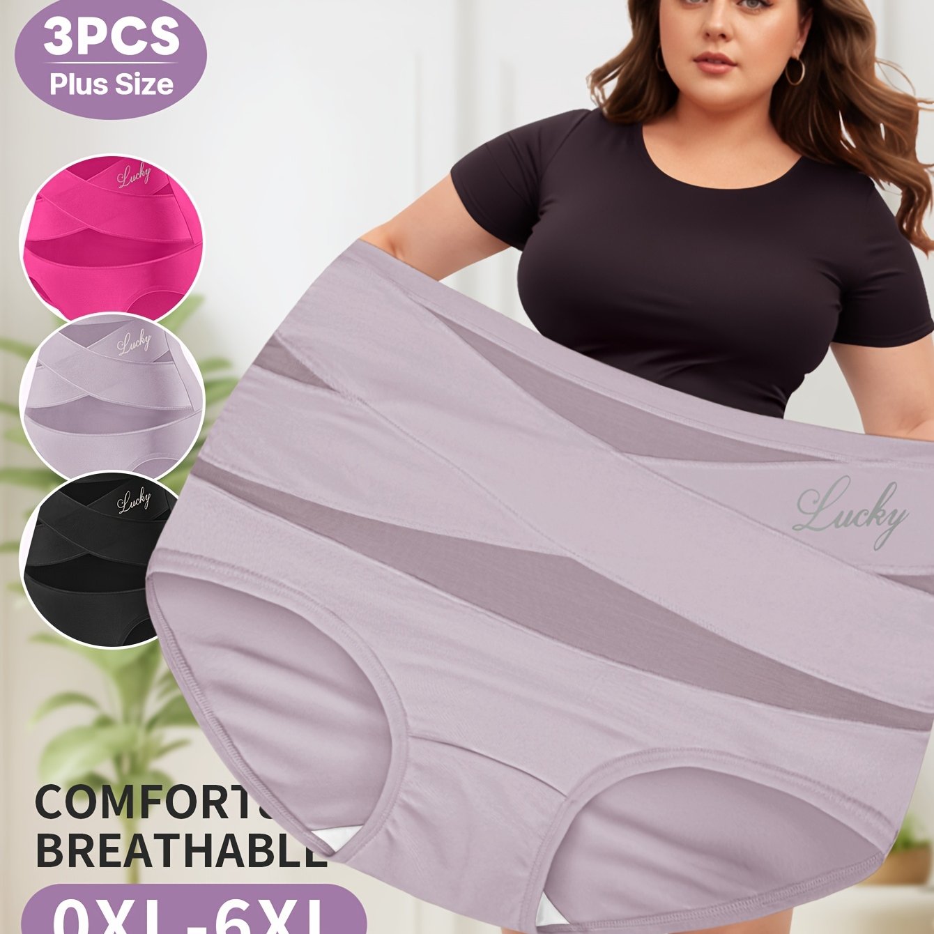 Plus Size High Waist Triangle Panties Set 3 Pack Soft Polyester Solid Color