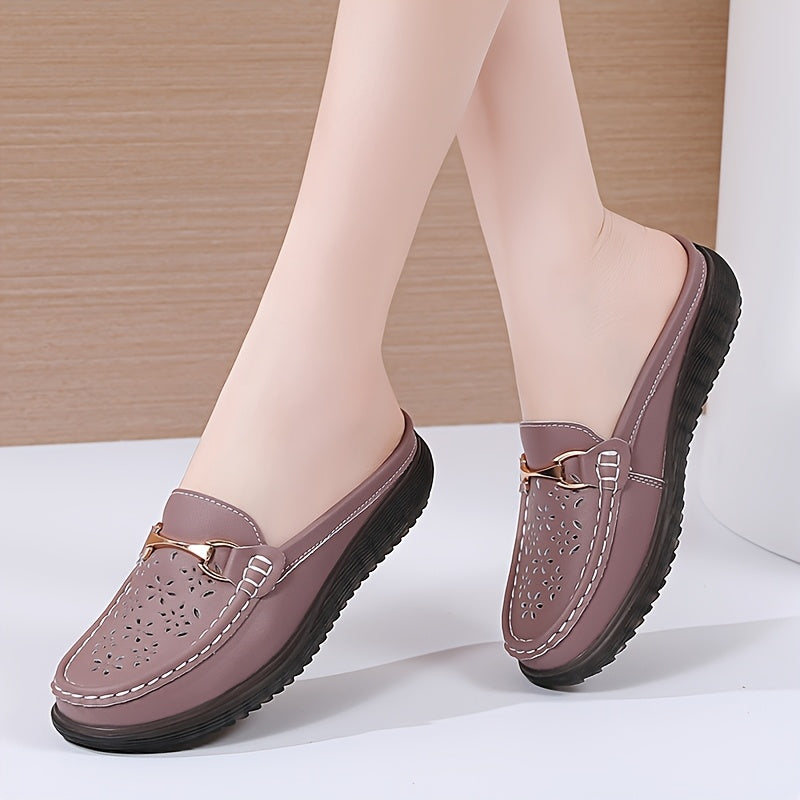 Women's Metal Buckle Mules, Flat Breathable Casual Shoes, Anti-slip