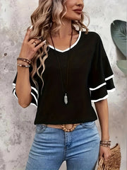 Women's Black V-Neck T-Shirt with White Trim Short Sleeve Stretchy Fabric