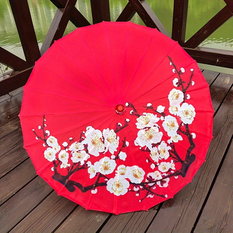Chinese Cherry Blossom Parasol Umbrella with Bamboo Handle for Sun Rain Protection Weddings Parties