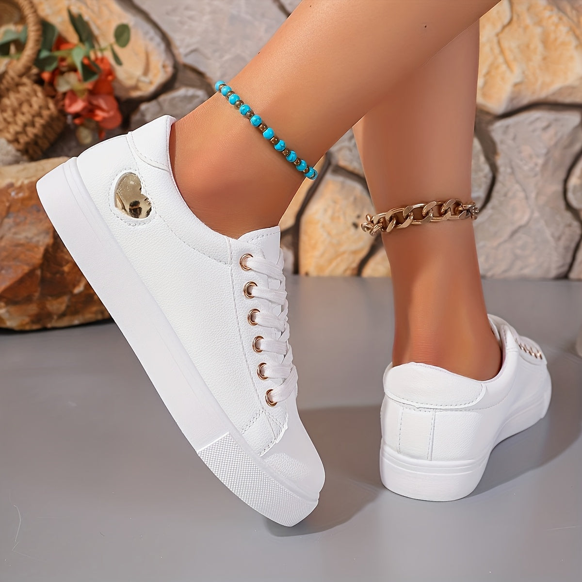 Women's Casual White Synthetic Sneakers with Rose Gold Accents