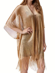 Women's Lightweight Scarf Shawl with Tassels and Cut-Out Design
