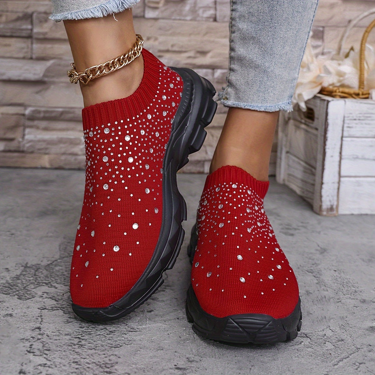 Women's Slip-On Sneakers with Rhinestone Embellishments Fabric Upper EVA Sole