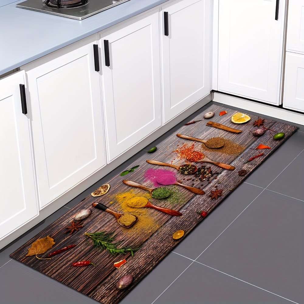 Yuzasi sirpanmaydigan oshxona matosi, yog'och donasi va ziravorlar naqshiga ega - namni o'zlashtiruvchi, tozalash oson bo'lgan yo'l matosi, uy dekoratsiyasi uchun, hammom, yotoqxona va yashash xonasi uchun ideal.