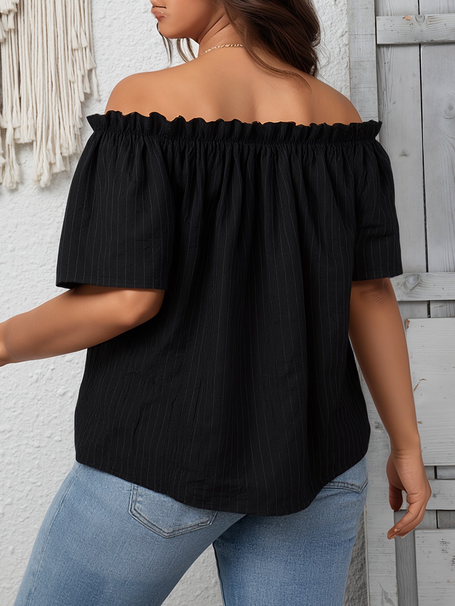 Plus Size Textured Off Shoulder Blouse for Women Spring Clothing