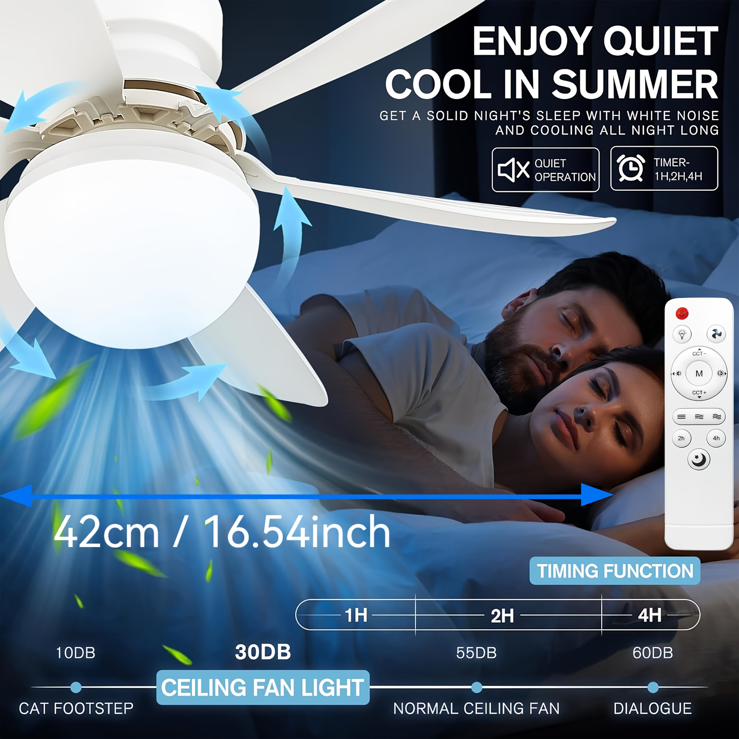 Lámpara de ventilador de techo de 3 velocidades con control remoto 41.91cm 52.07cm Regulable 3000K-6500K Temporizador