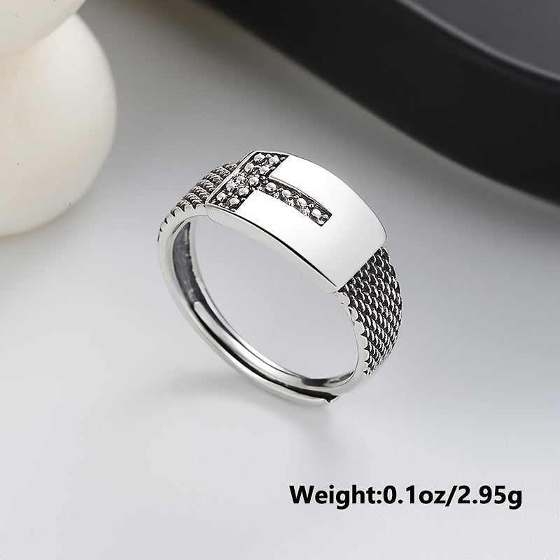 Sterling Silver Unisex Geometric T-Shape Open Ring for Men Women Punk Festival Jewelry