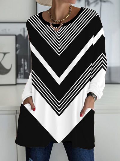 Women's Plus Size Long Sleeve T-Shirt Polyester Knit Geometric Pockets