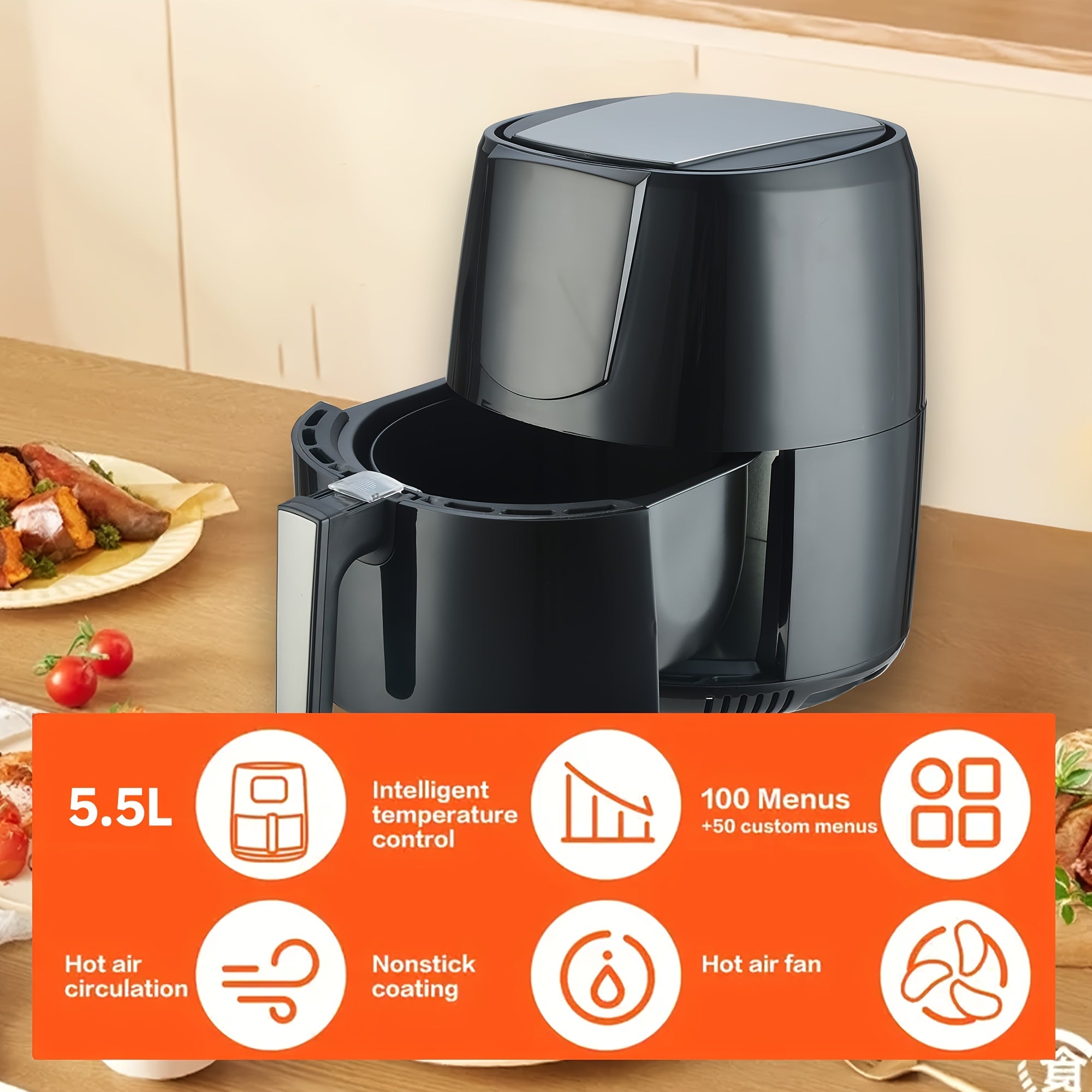 Цифровая аэрогриль 5.5Л LED-дисплей сенсорный экран без масла черный PP 1400Вт