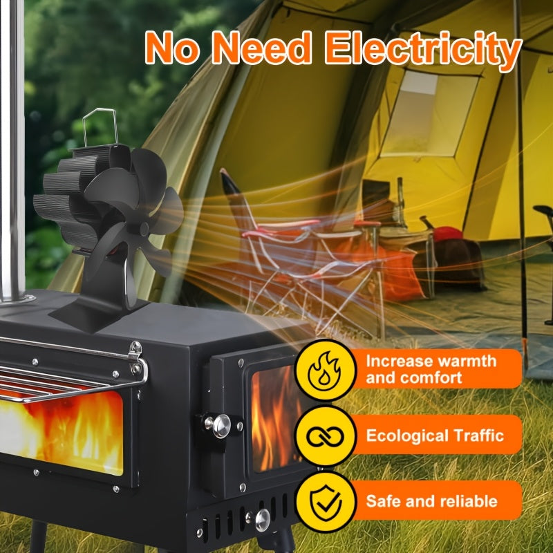 Aluminum 6-Blade Wood Burning Stove Fan Portable Fireplace Camping Air Circulation