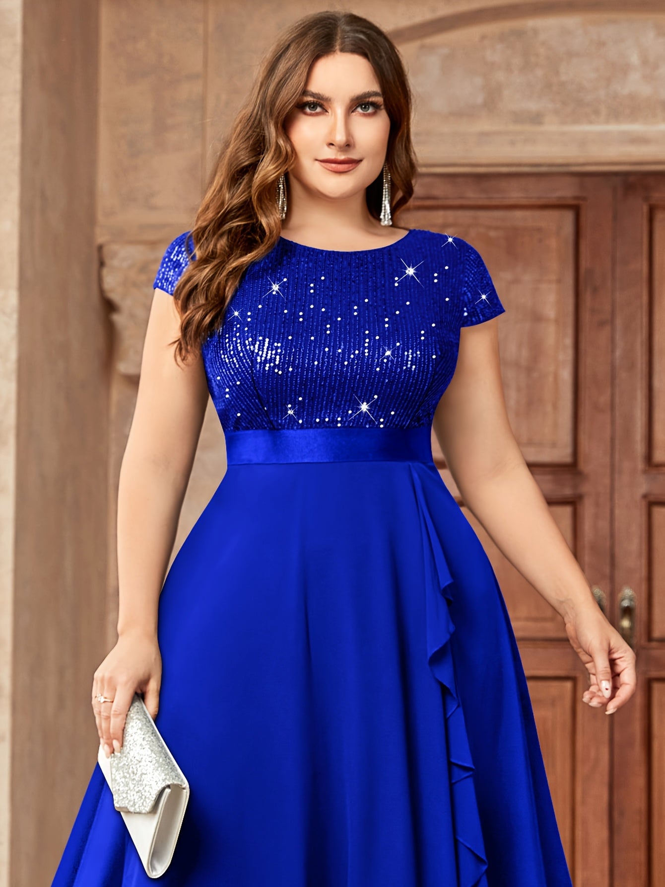 Plus Size Women's Sequin Dress with Ruffle Short Sleeve Party Wear