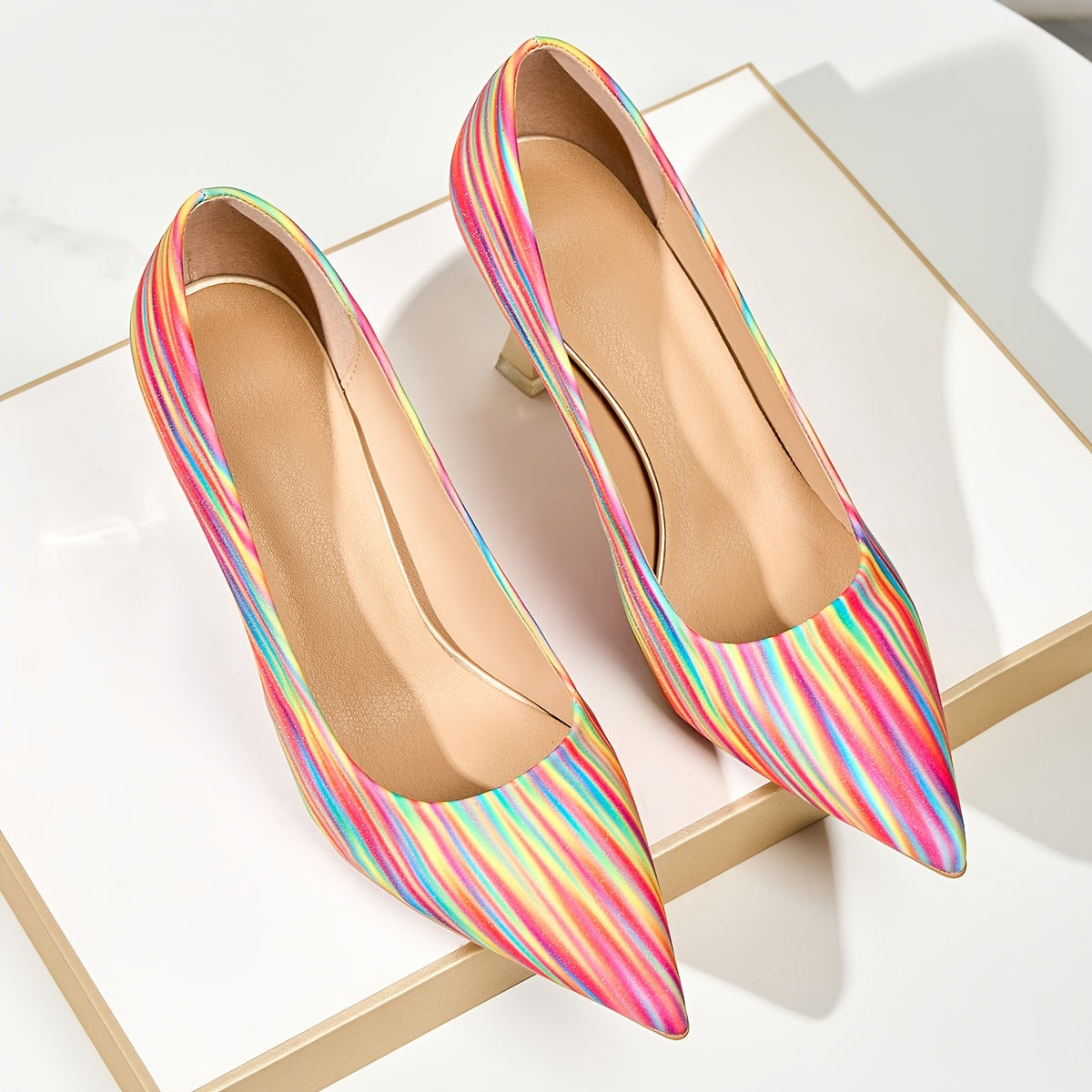 Women's Colorful Striped Pointed Toe High Heels Slip-On Party Pumps