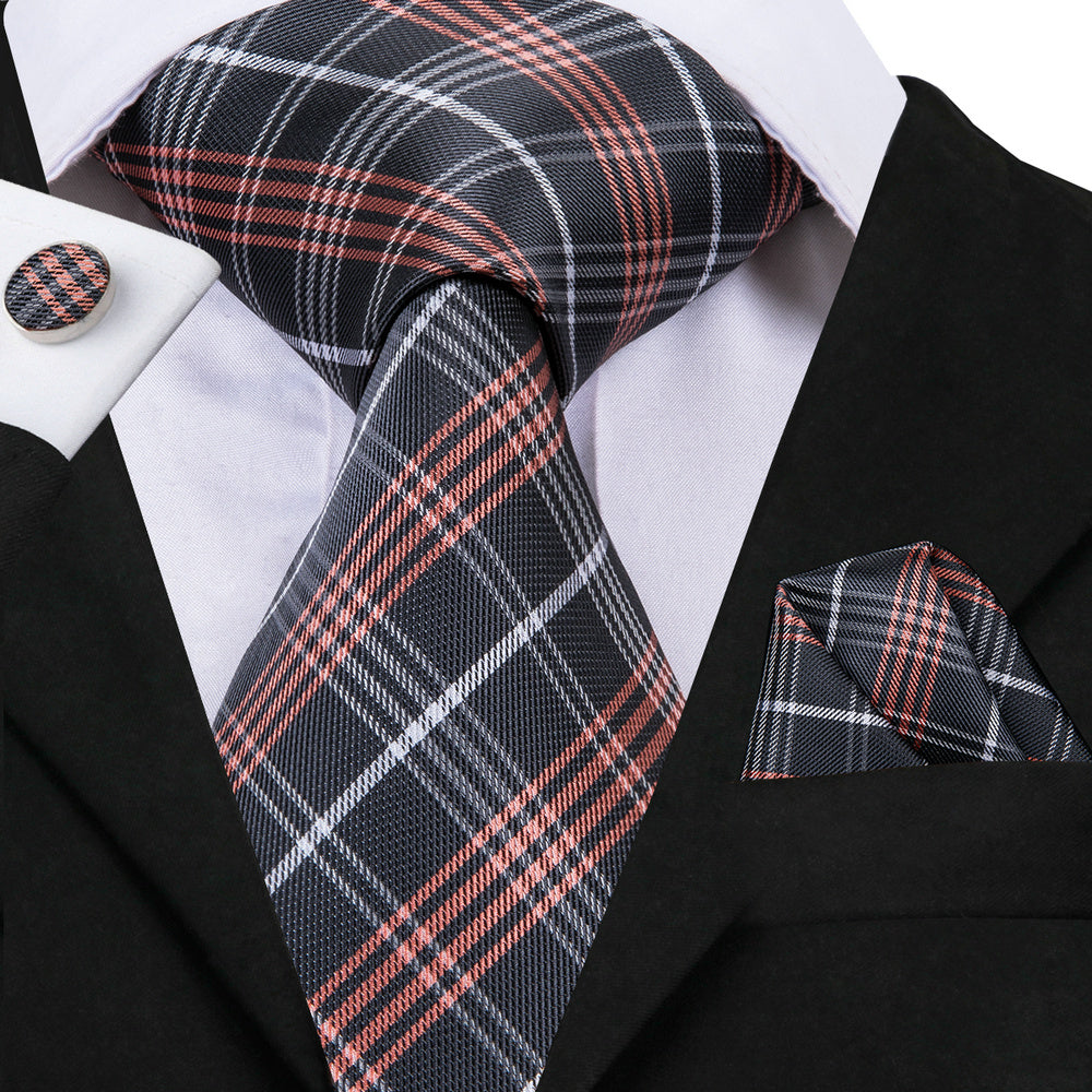 Men's Plaid Necktie Set with Hanky and Cufflinks for Weddings Business and Parties