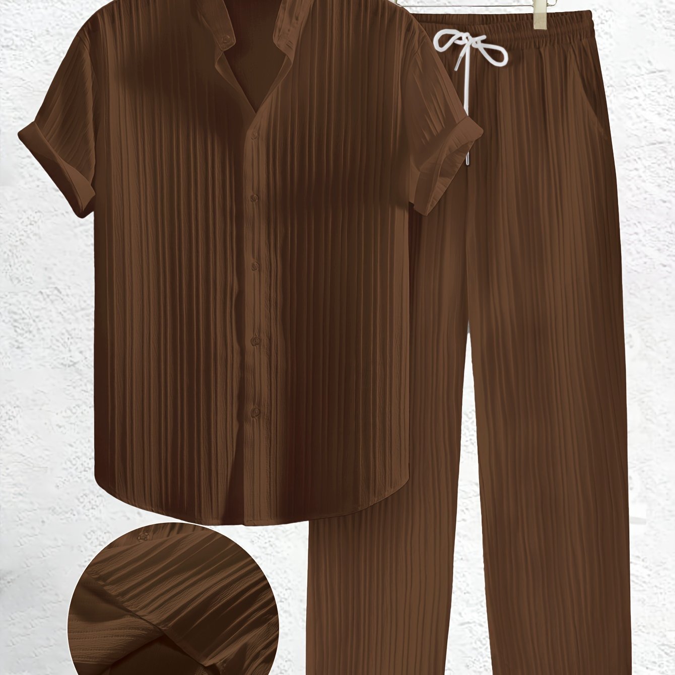 Men's Summer Solid Color Textured Shirt and Pants Set Polyester Casual