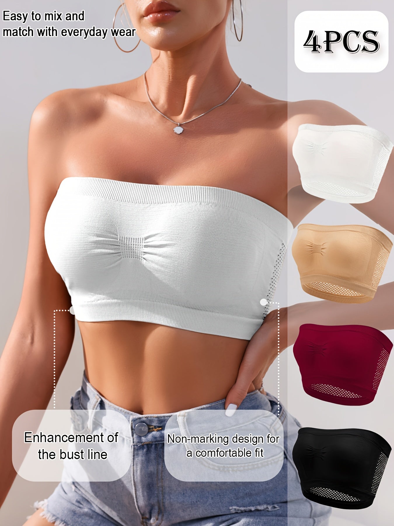 Plus Size Mesh Bandeau Tube Bra Non-Slip Seamless Breathable 4 Pack