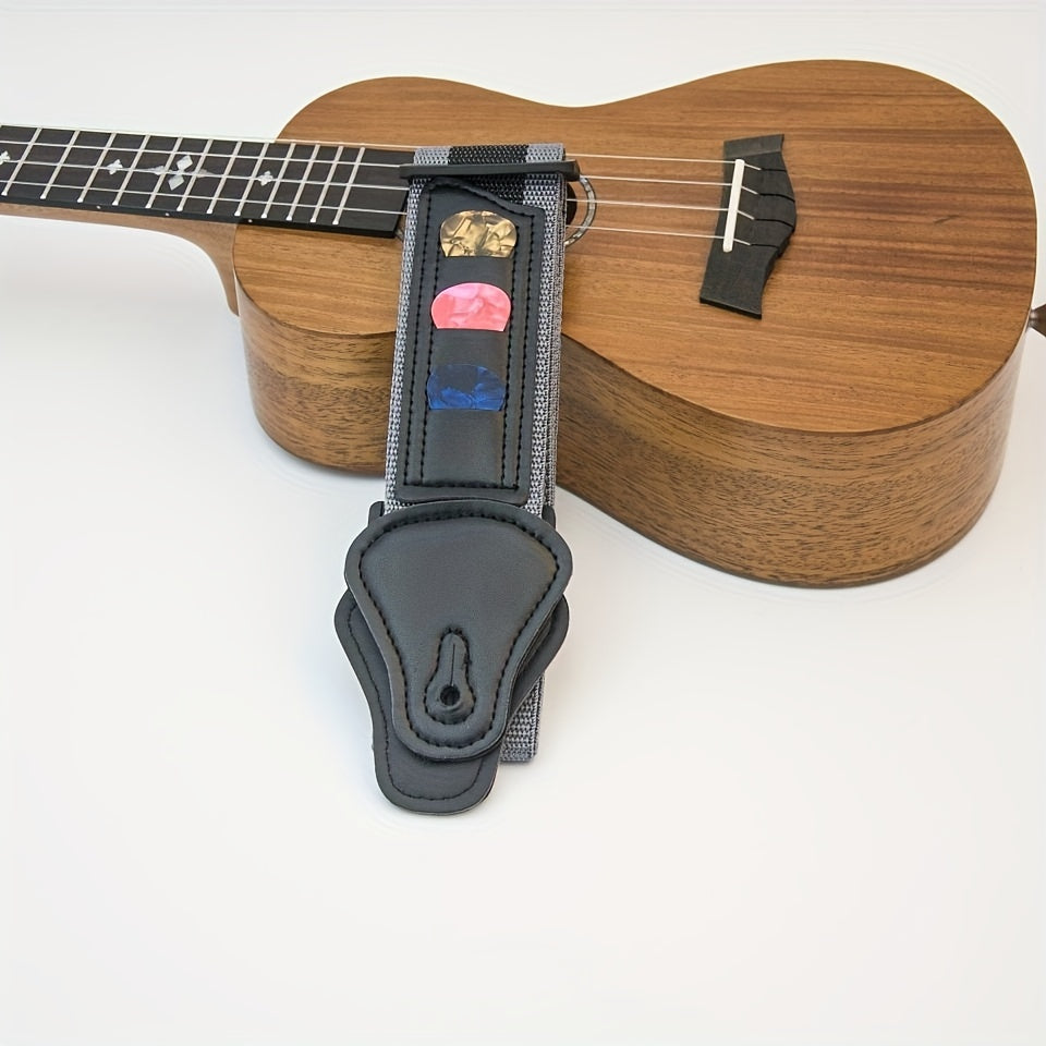 Correa de guitarra de nylon trenzado negro ajustable y cómoda con soporte para pala