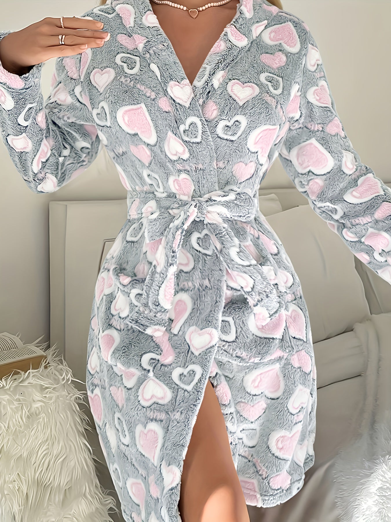 Women Plush Oversized Heart Print Robe for Autumn and Winter