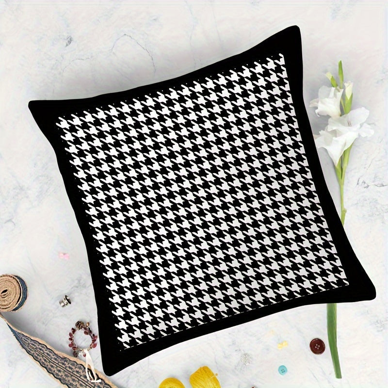 Reversible Contemporary Houndstooth Throw Pillow Cover 45cm Black and White Woven Polyester
