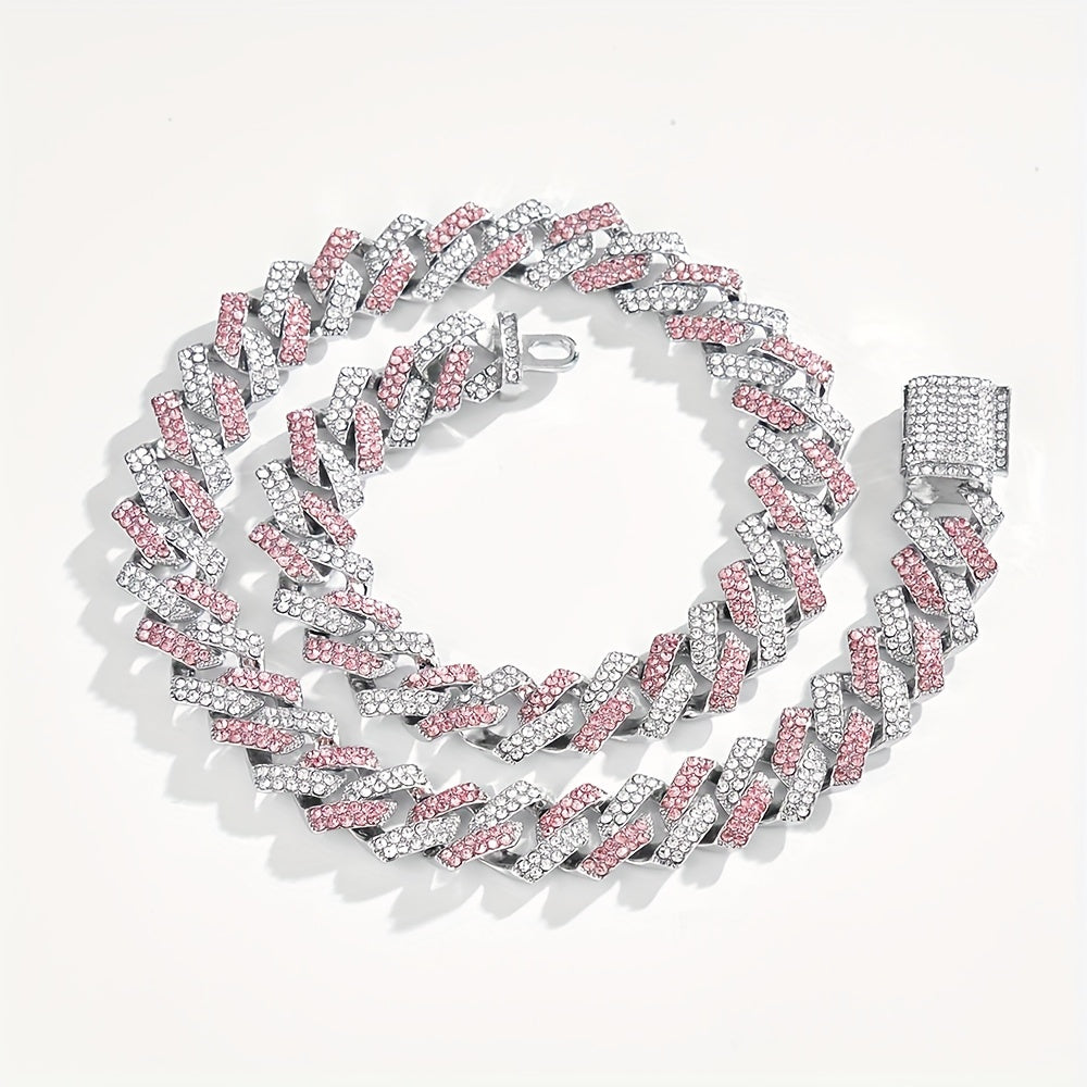 Men's Silver Pink Blue Cuban Link Chain Iced Out Lab Faux Diamonds Miami Necklace Choker