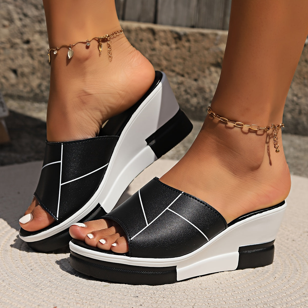 Women Summer Wedge Sandals Open-Toe Slip-On Cushion Sole Black White