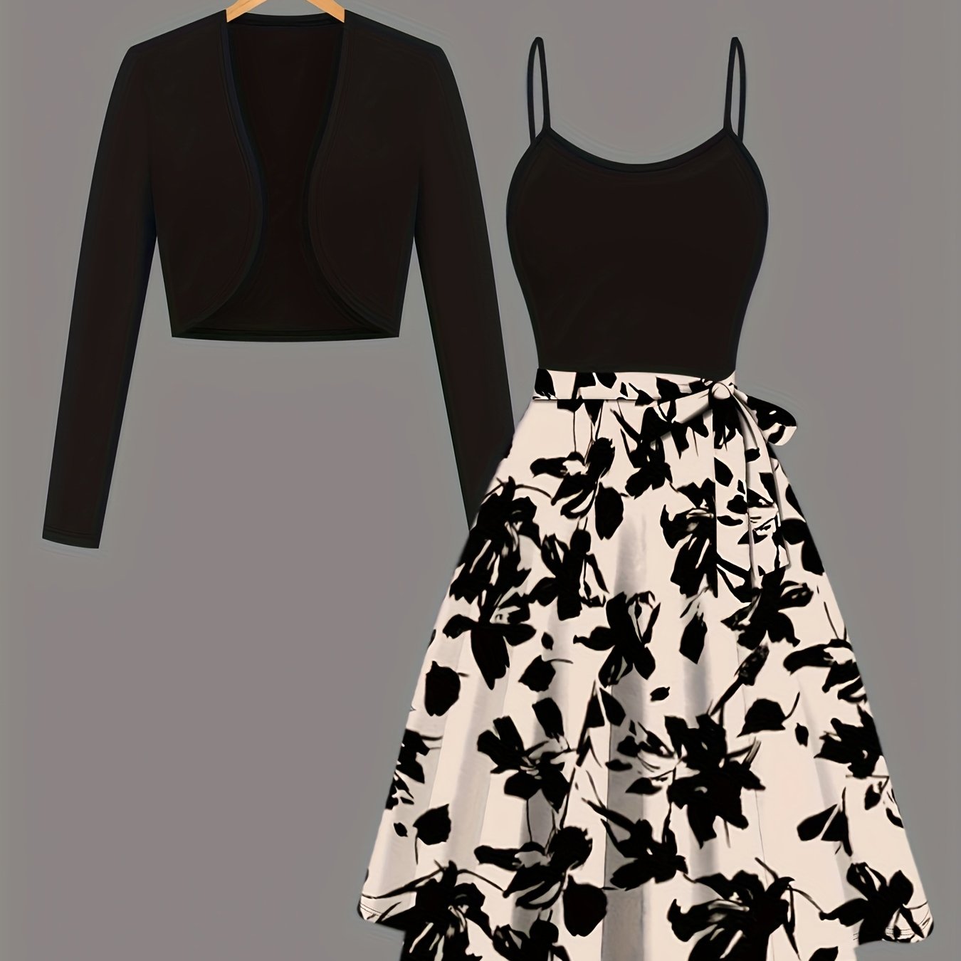 Women's Two-Piece Dress Suit Floral Knit Cardigan and Suspender Dress All Seasons