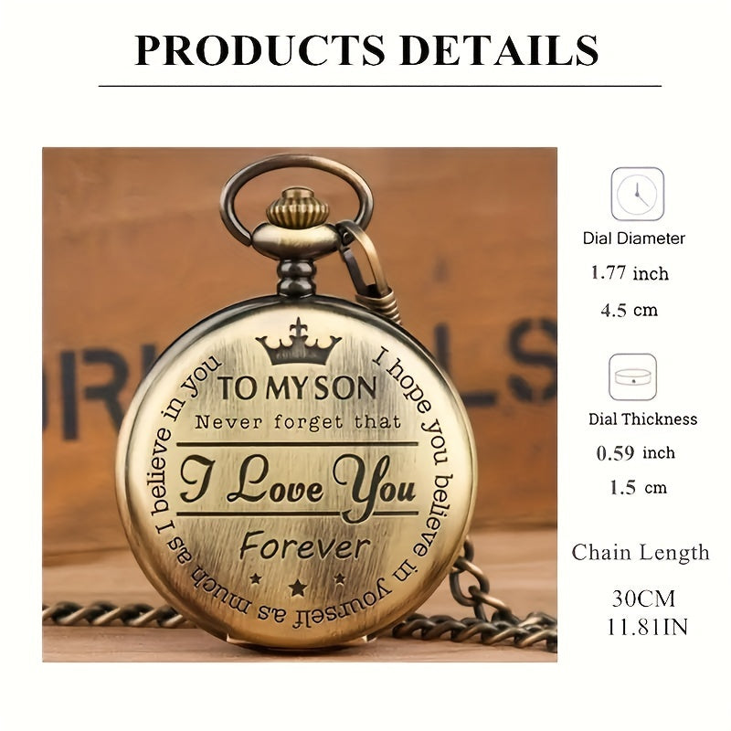 Men's Bronze Pocket Watch with Engraved I Love You Message Circular Dial Quartz Movement Durable Alloy Casing