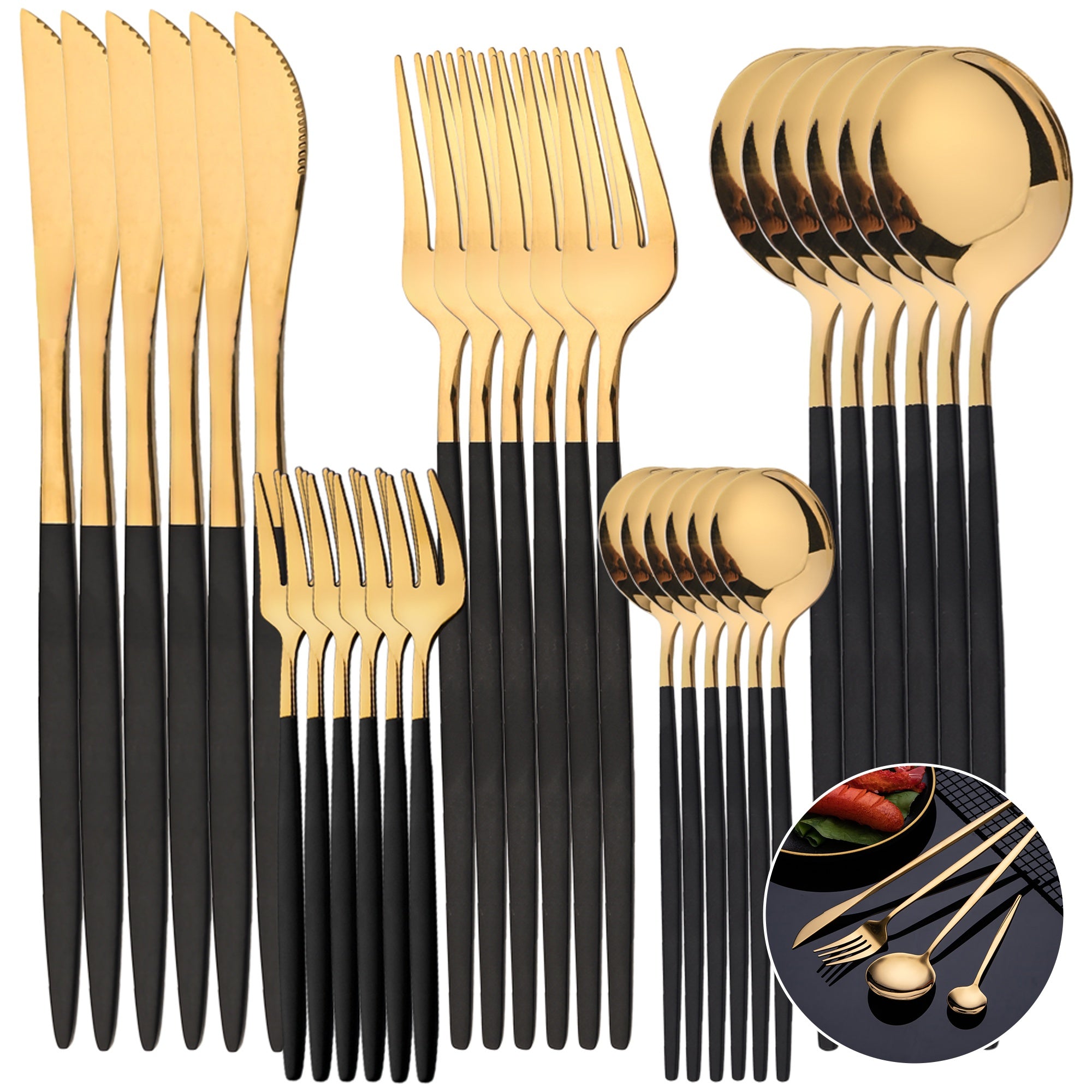 30-Piece Stainless Steel Cutlery Set with Gold and Black Finish Dishwasher Safe
