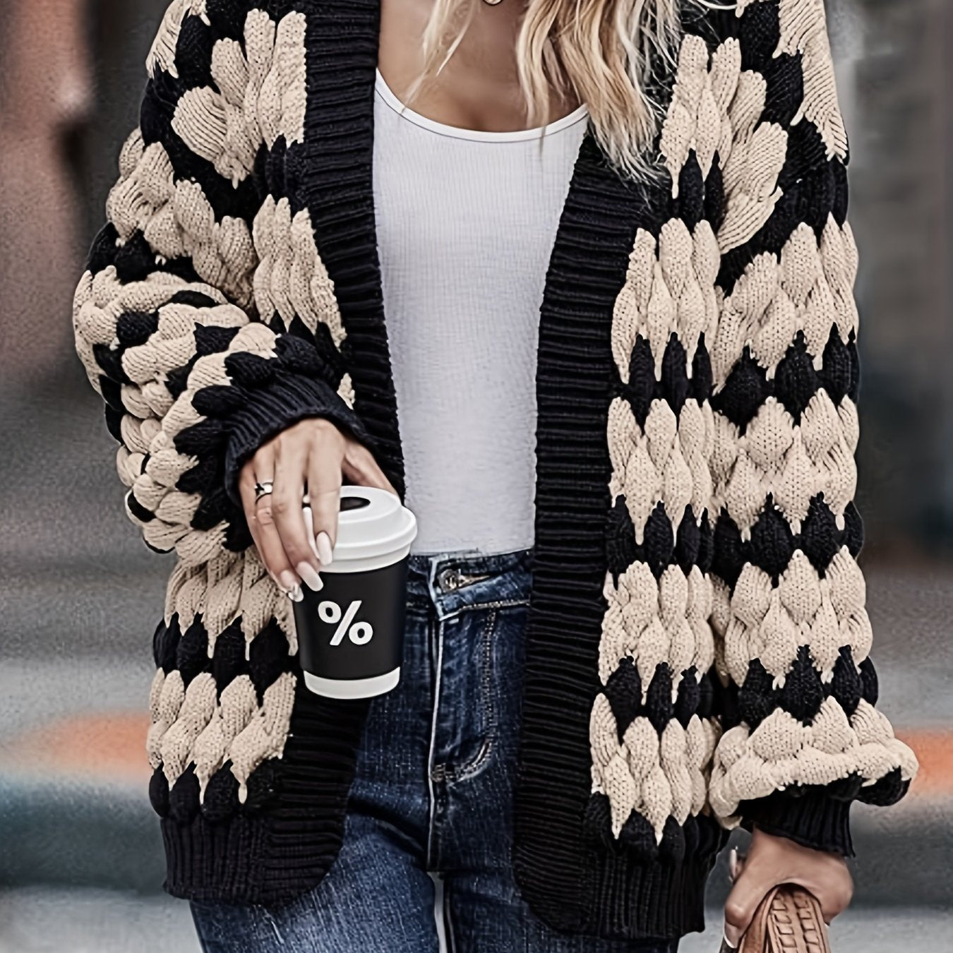 Plus Size Women's Color Block Cardigan Long Sleeve Open Front Sweater Geometric Pattern