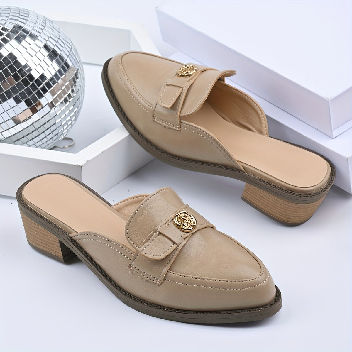 Women’s Floral Retro Pointed Toe Slip-On Mules White Brown Stylish Comfortable