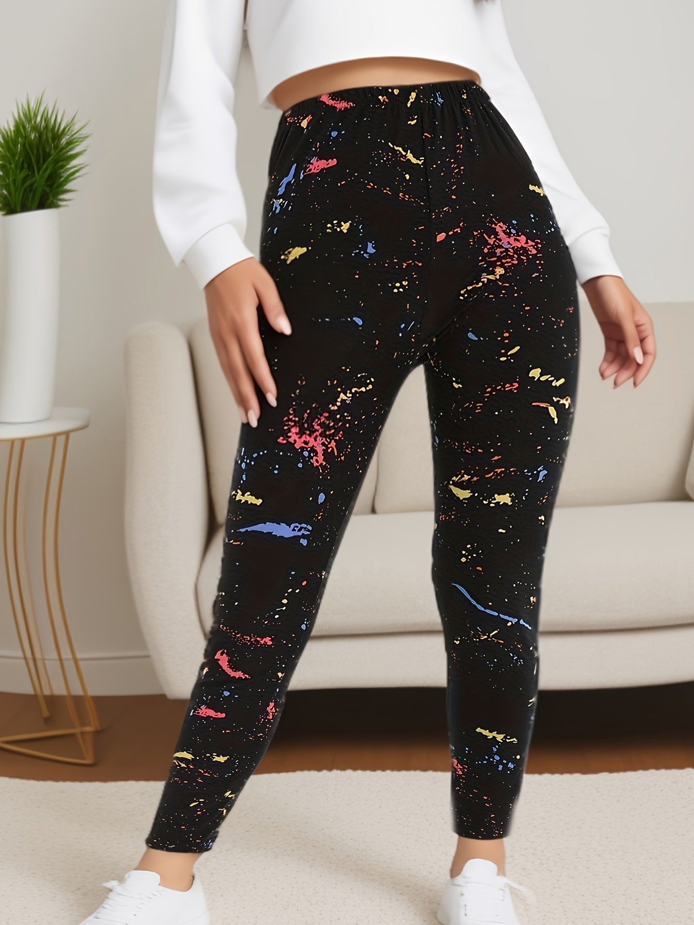 Plus Size Womens Black Graphic High Waist Leggings Breathable All-Season