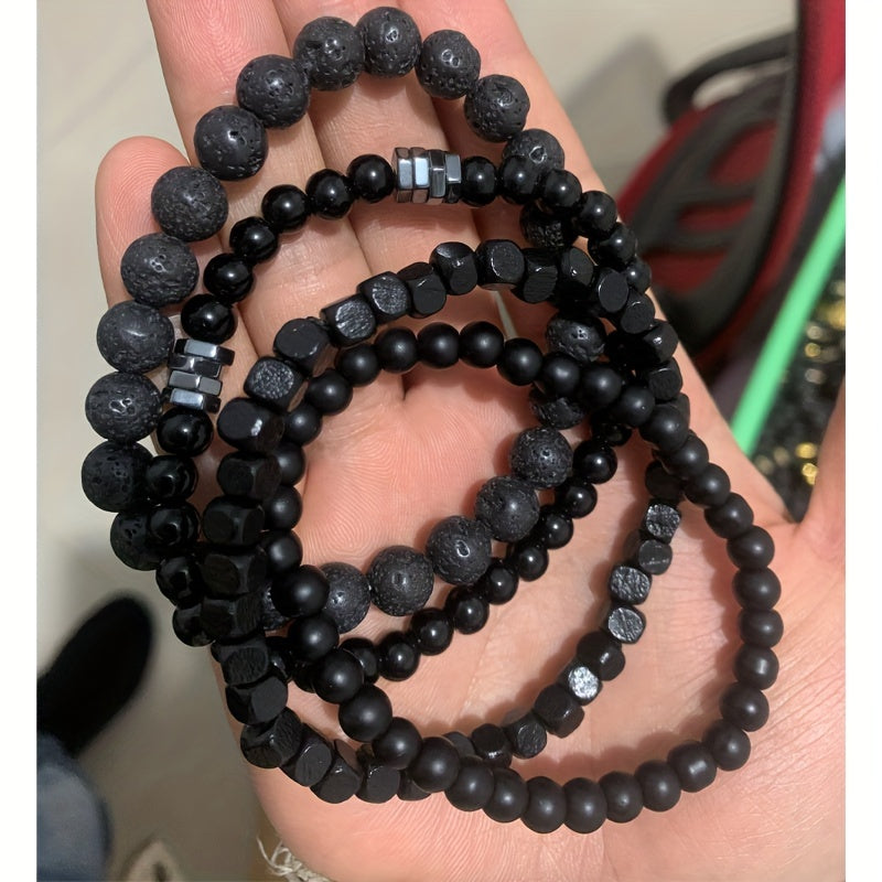 Set of Four Black Stone Volcanic Rock Wood Bead Bracelets for Men Fashion Accessory