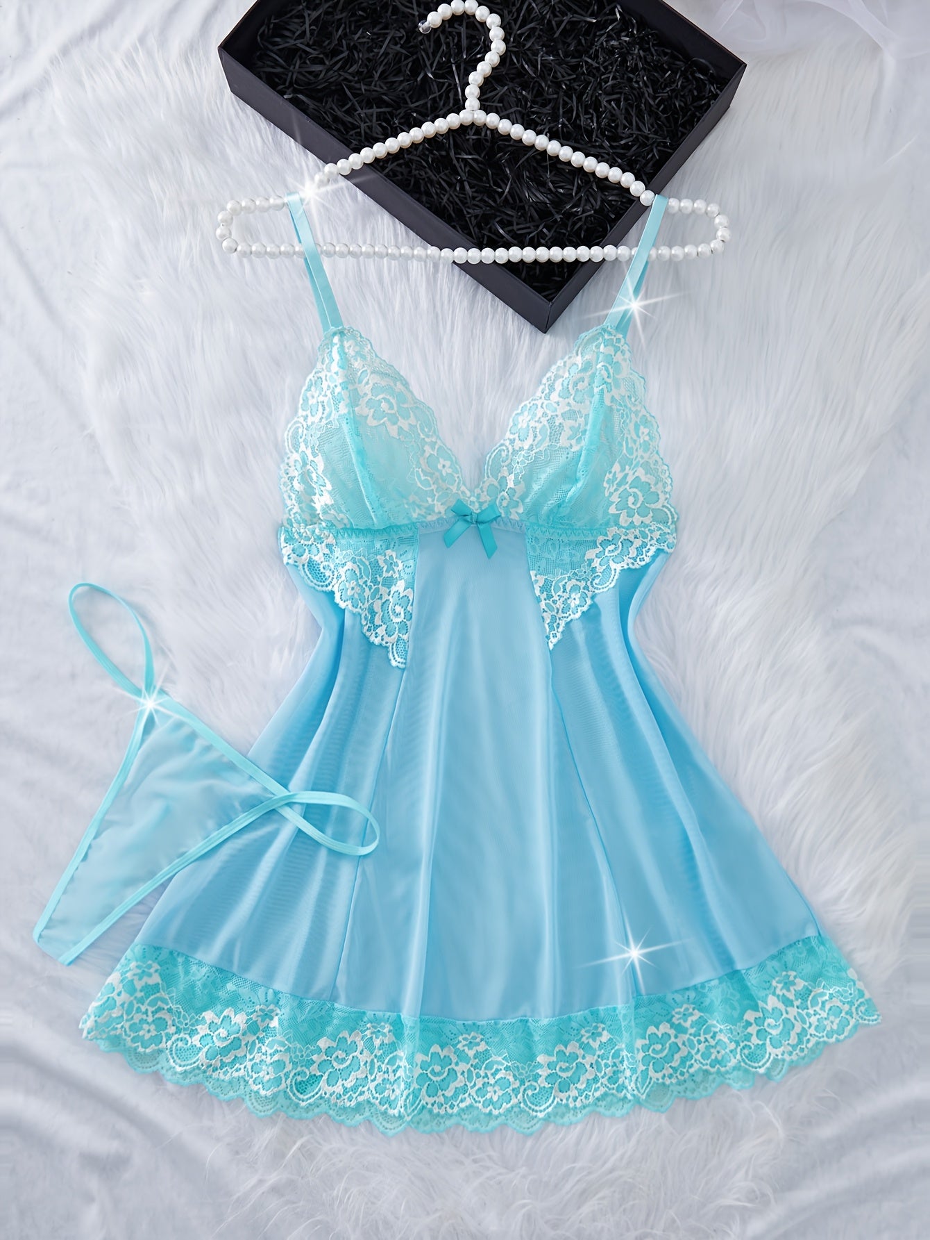 Women's Floral Lace Lingerie Set with V-Neck Nightgown Thong and Bow-Knot
