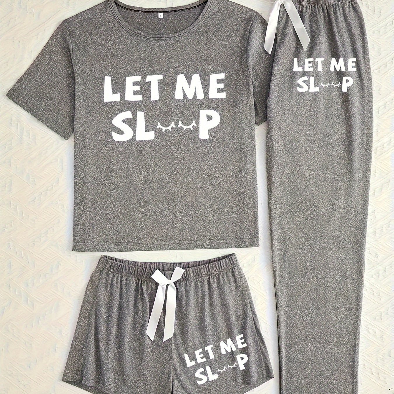 Adult Casual Pajama Set with Letter Print Short Sleeve Top Long Pants and Shorts