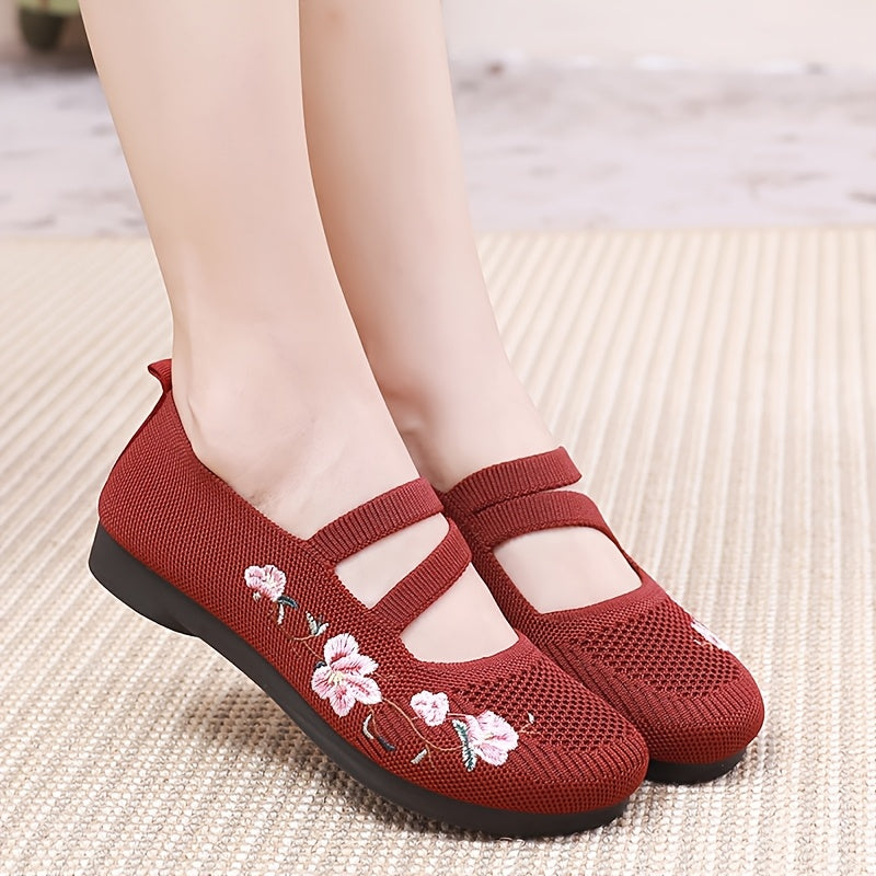 Women's Summer Casual Knit Flats Purple Red Embroidered Floral Lightweight Fabric Sole