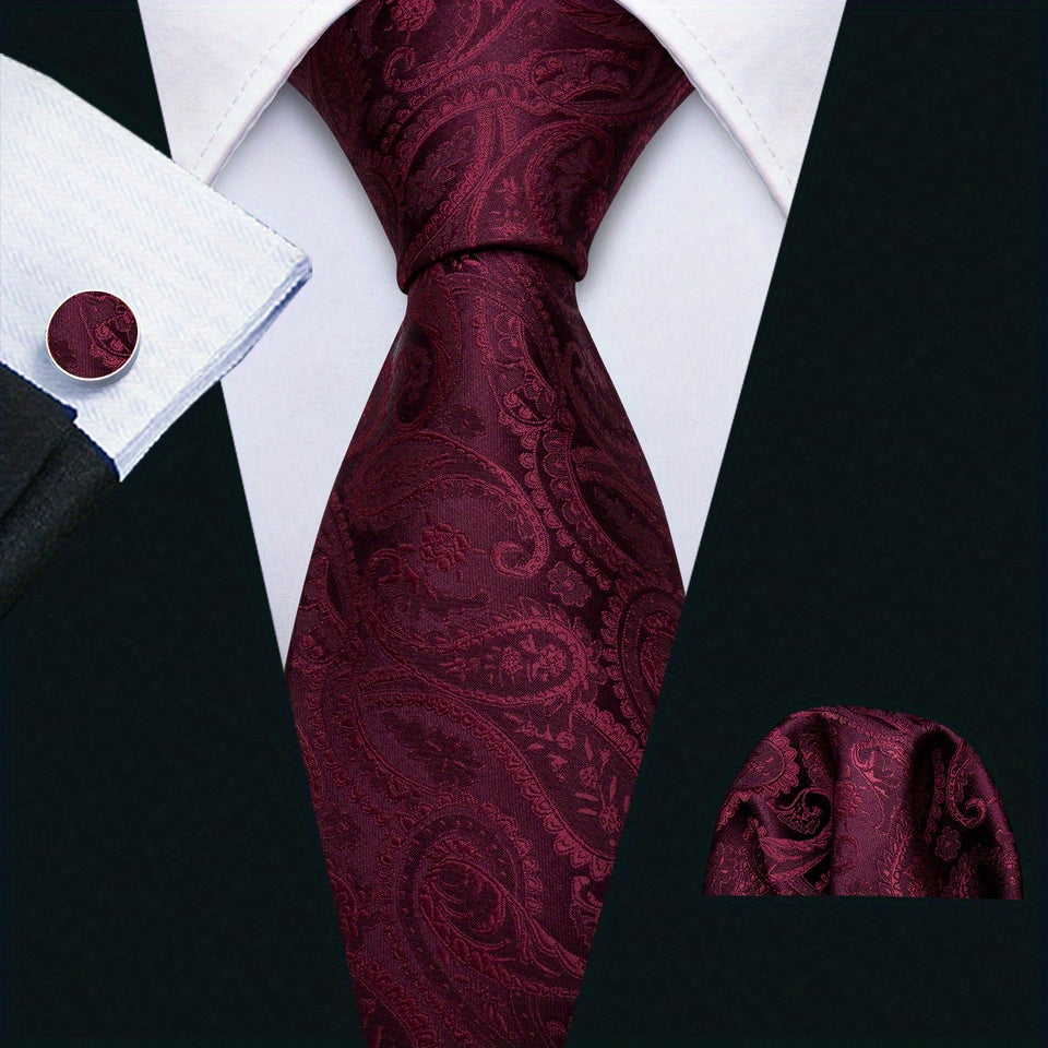 Elegante conjunto de corbata para hombre en burdeos con diseño de cachemira, que incluye pañuelo de bolsillo y gemelos - Hecho de poliéster, tejido en un diseño elegante para eventos formales y bodas, corbata y accesorios