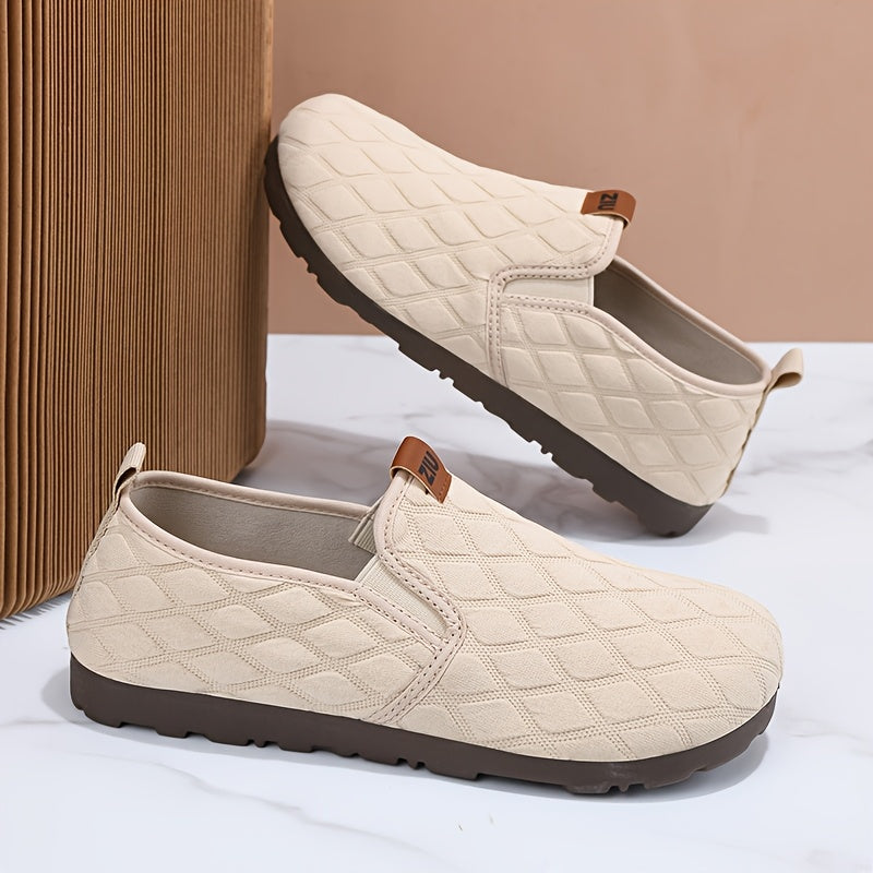 Zapatos casuales beige de mujer con suela transpirable y diseño de cuadros en slip-on de tejido suelto