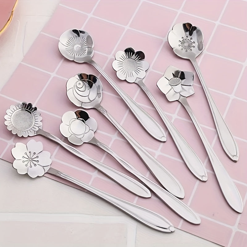 Set of 8 Flower-Shaped Stainless Steel Spoons with Gold and Silver Coating for Tea Coffee Desserts