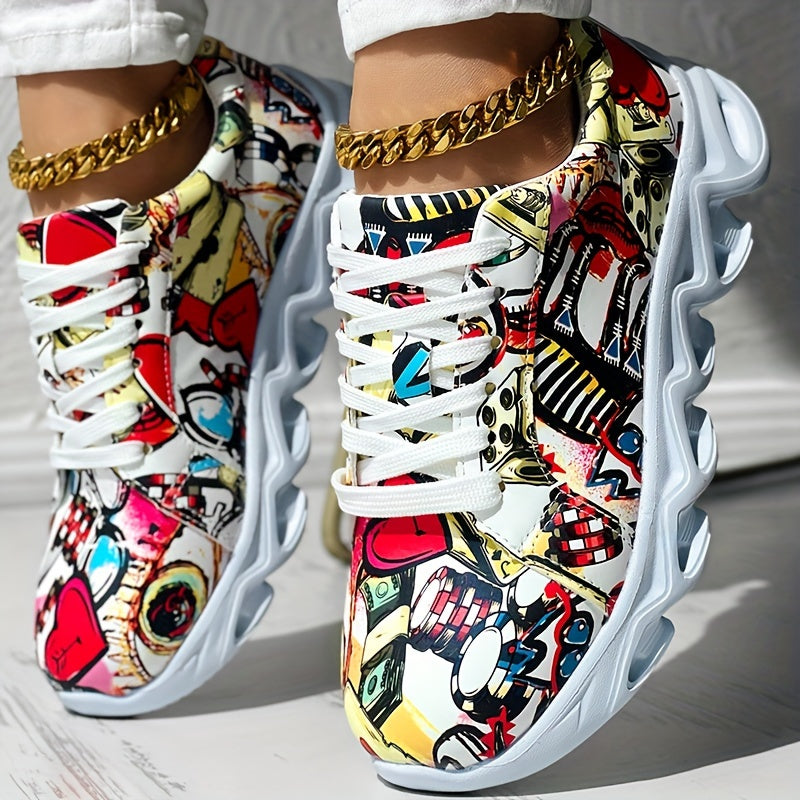 Women's Canvas Sneakers Casual Low Top Outdoor Shoes with Graffiti Pattern