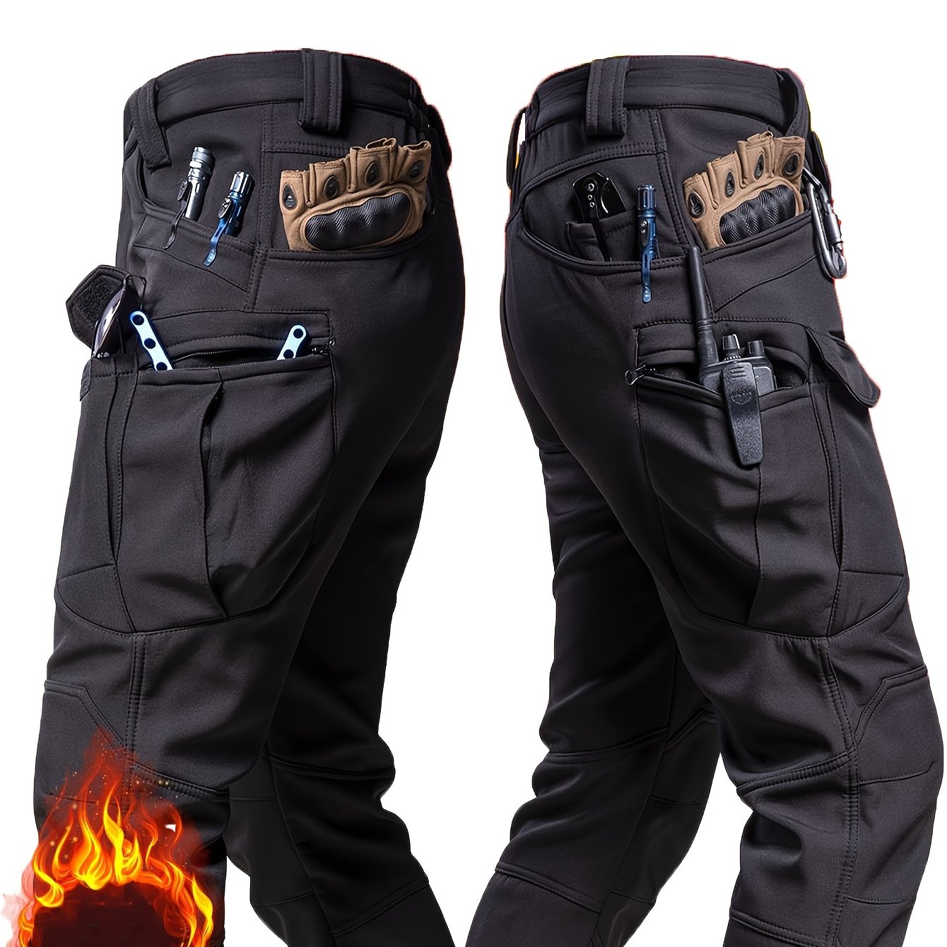 Men's Outdoor Work Pants with Pockets Soft Shell Fleece Lining Mid-Rise Fall Winter
