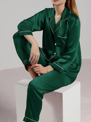 Women's Color Cardigan Pajama Set for Autumn with Long Sleeve Solid Pattern Polyester Elastane