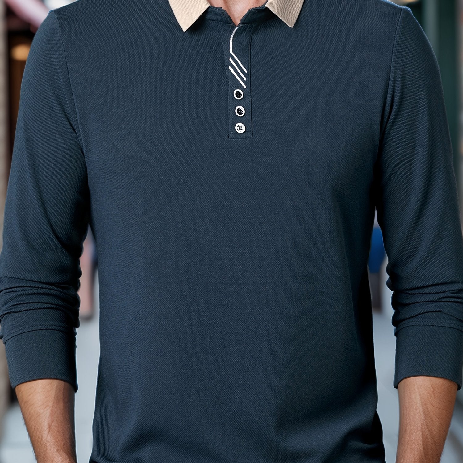 Camisa de golf de manga larga para hombre, punto de poliéster de color sólido, casual, ajuste regular