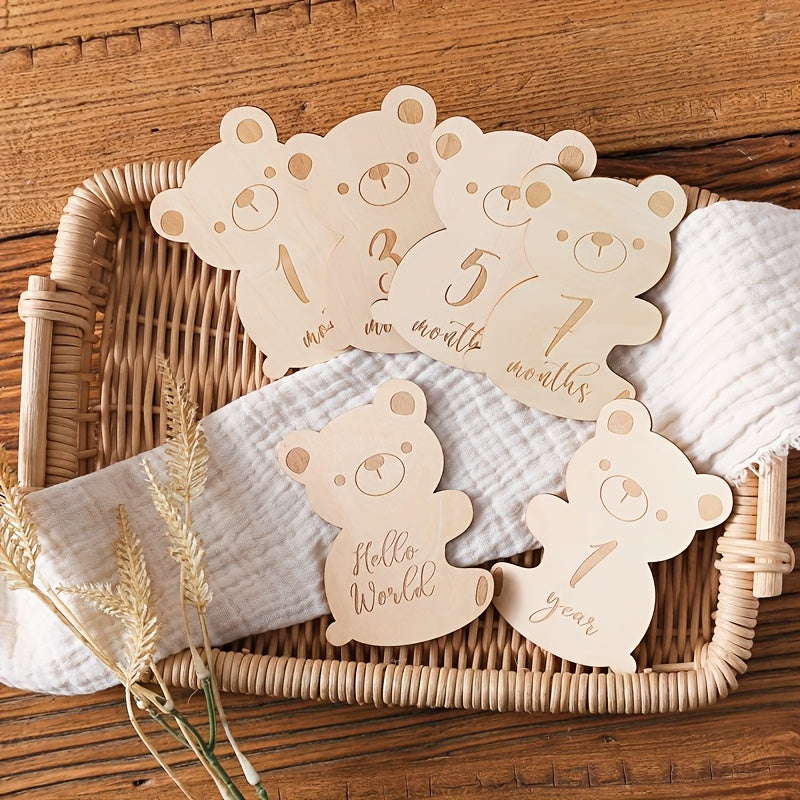 Baby Milestone Keepsake Wooden Teddy Bear Growth Record Card Set with Photo Props