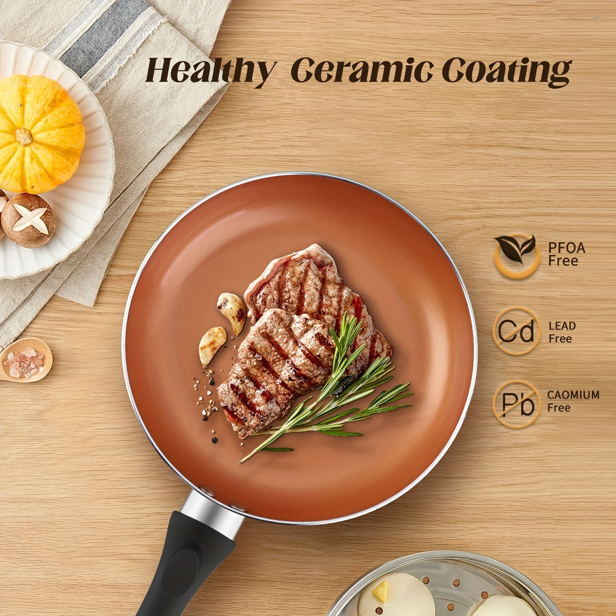 Set of 6 Nonstick Ceramic Cookware with Lids, Copper Aluminum, Induction Compatible