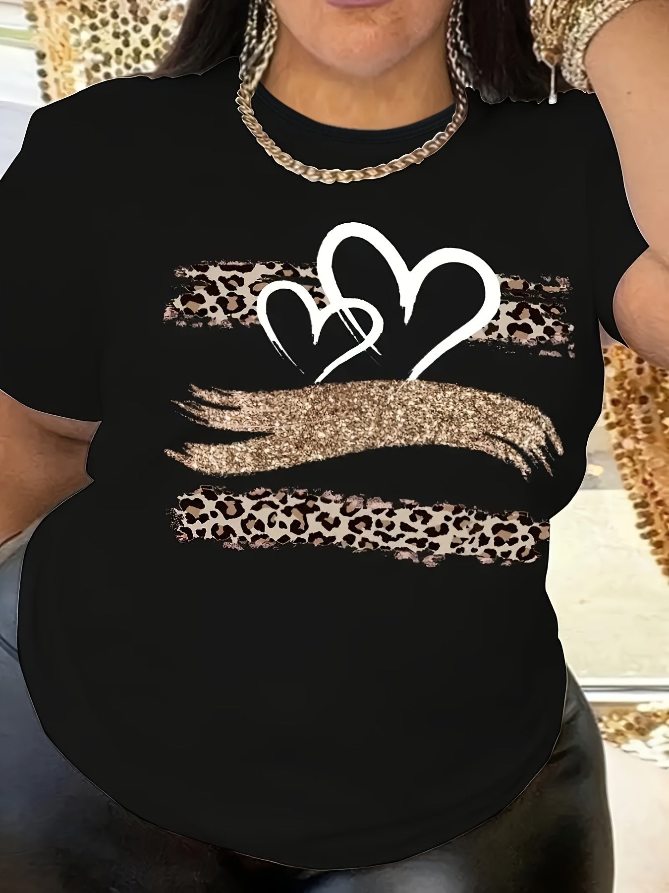Women's Plus Size Heart Print T-Shirt Casual Short Sleeve Clothing