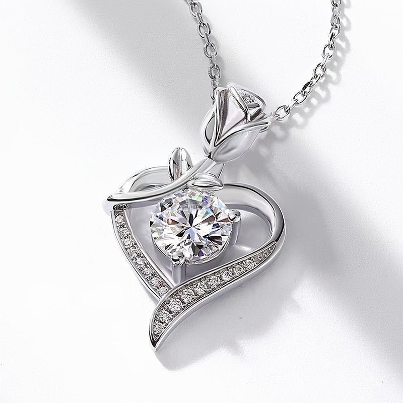 Rose Heart-Shaped Pendant Necklace Cubic Zirconia Copper Jewelry for Women