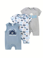 Newborn Baby Boys Bodysuits 3-Pack Animal Bear Print Cotton All-Season