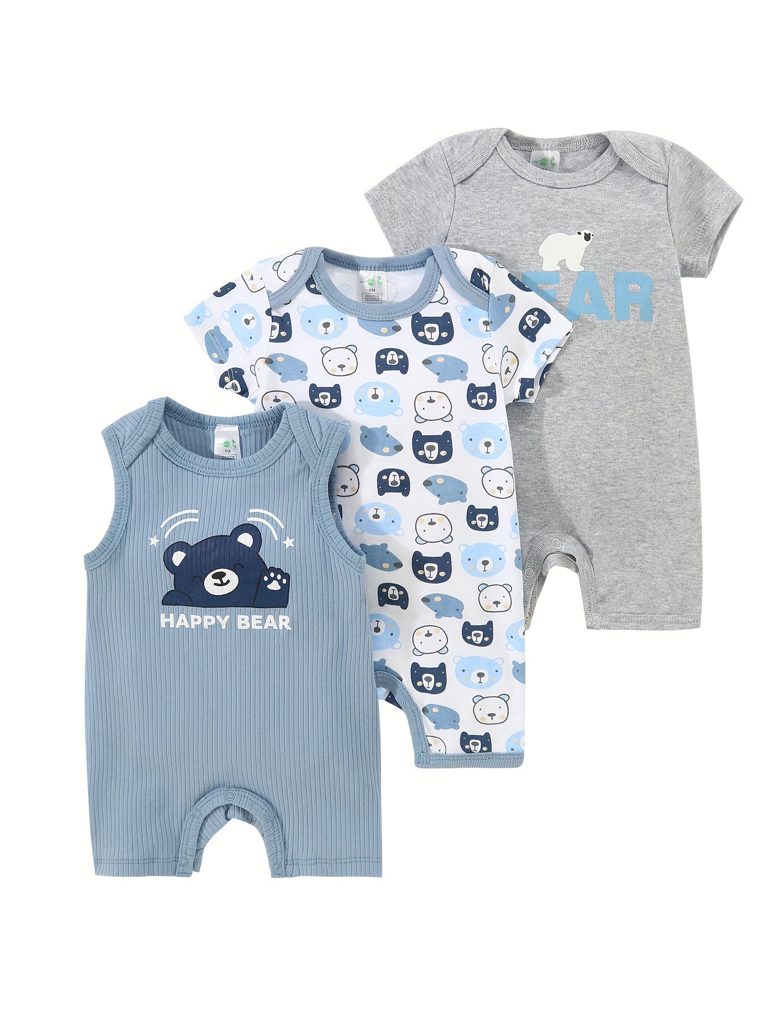Newborn Baby Boys Bodysuits 3-Pack Animal Bear Print Cotton All-Season