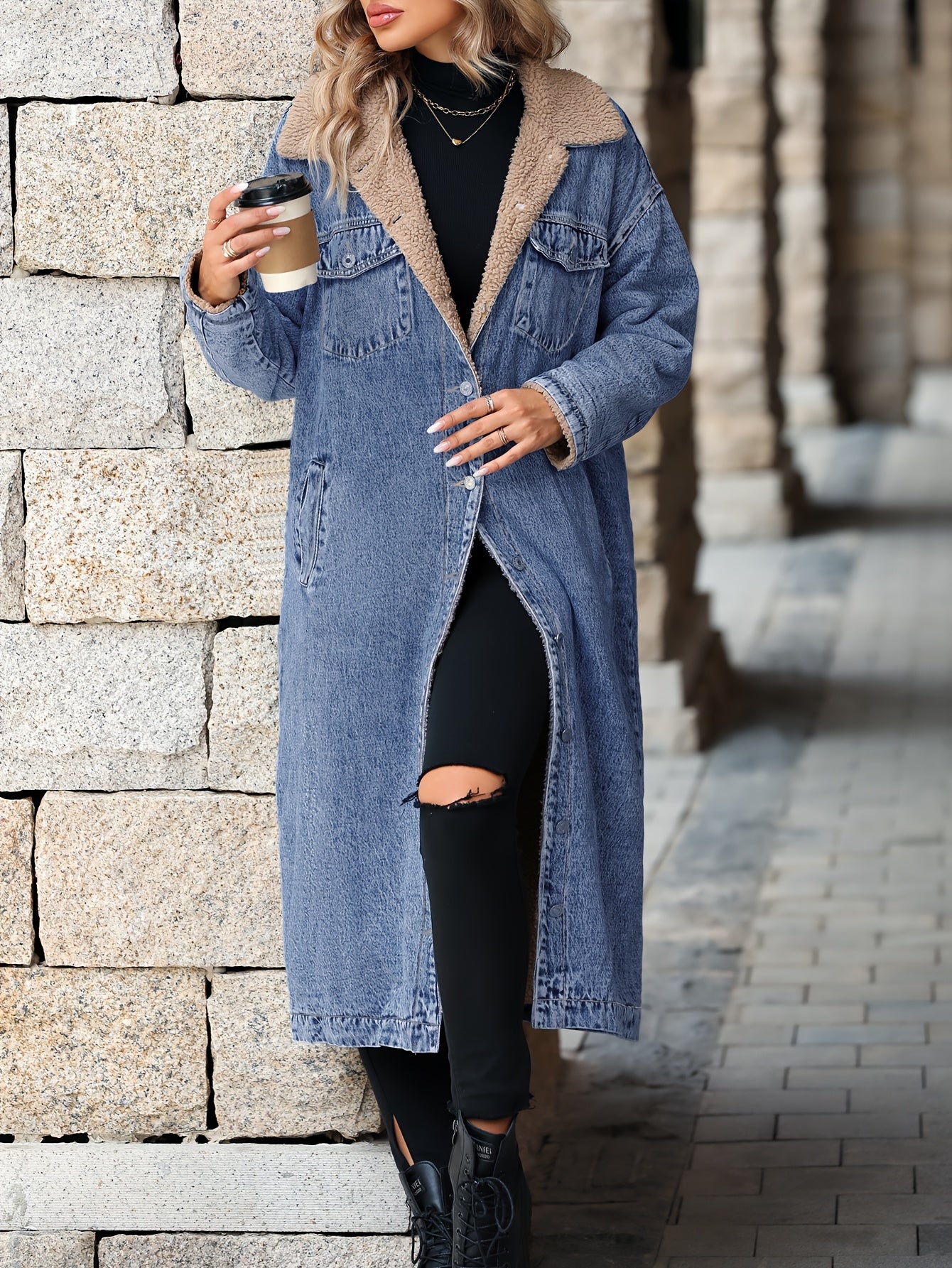 Plus-Size Fleece-Lined Denim Jacket for Women Fall Winter Cozy Warm Woven Solid